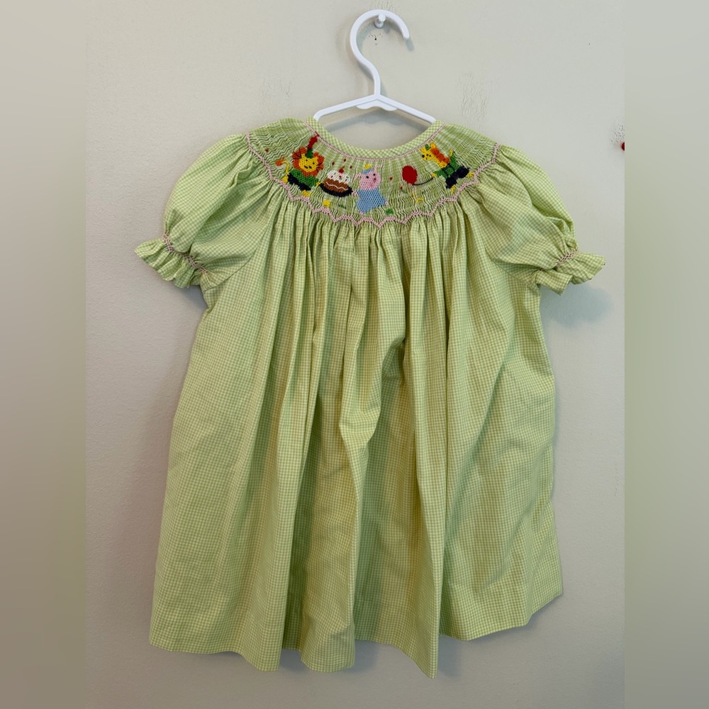 Wish Upon a Star Green Gingham Smocked Birthday Animal Dress
